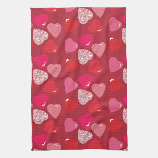 バレンタインミニハートバルーン赤ピンクタオル キッチンタオル (縦)