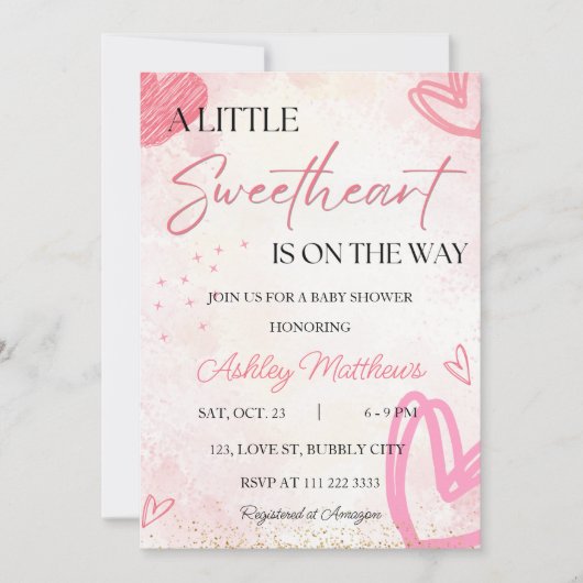 バレンタインリトルスウィートガールベビーシャワー 招待状 (正面)