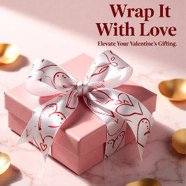 バレンタインレッドドードルハートパターン サテンリボン