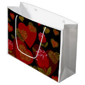 バレンタインレッド金ゴールドハート赤いバラが黒 ラージペーパーバッグ (正面アングル)
