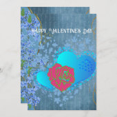 バレンタインロマンチックバラスイープハートブルーカード 招待状 (正面/裏面)