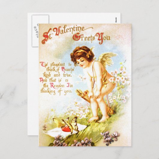 バレンタインヴィンテージポストカードラブレターキューピッドエンジェル シーズンポストカード (正面/裏面)