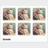 バレンタインヴィンテージ絵画ステッカー付き子猫 スクエアシール (シート)