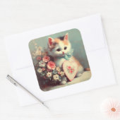 バレンタインヴィンテージ絵画ステッカー付き子猫 スクエアシール (封筒)