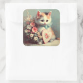 バレンタインヴィンテージ絵画ステッカー付き子猫 スクエアシール (バッグ)