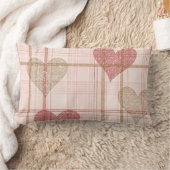 バレンタイン入りタン&ピンクの格子模様ハート ランバークッション (ブランケット)