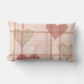 バレンタイン入りタン&ピンクの格子模様ハート ランバークッション (正面)