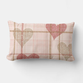 バレンタイン入りタン&ピンクの格子模様ハート ランバークッション