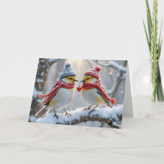 バレンタイン冬の鳥と赤いハート カード (正面)