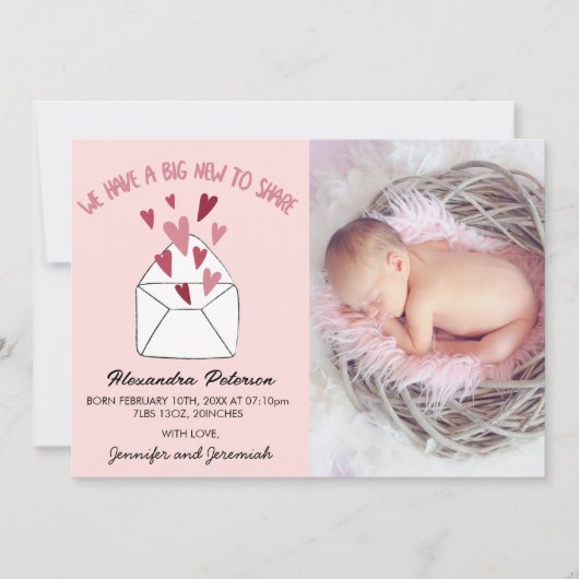 バレンタイン出生発表カードの封筒ハート 案内状 (正面)