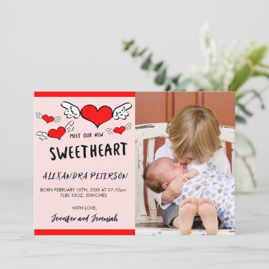 バレンタイン出生発表カードの生まれたばかりのハート 案内状 (スタンド正面)
