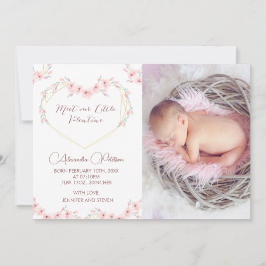 バレンタイン出生発表カード白エレガント色 案内状 (正面)