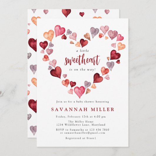 バレンタイン小さな恋人のハートベビーシャワー 招待状 (正面/裏面)