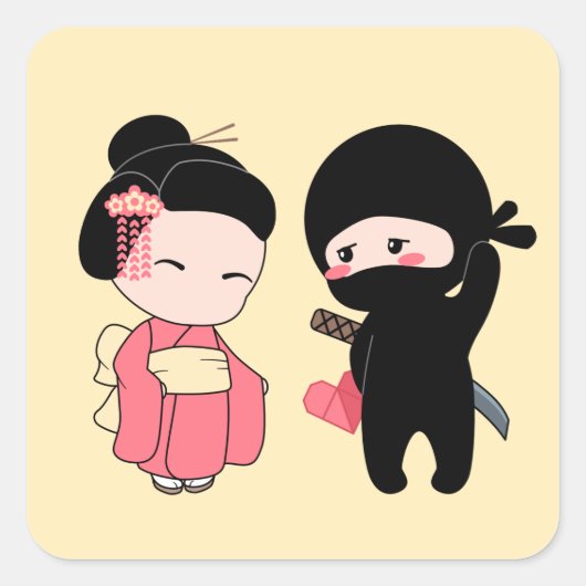 バレンタイン忍者と芸者オンイエロー スクエアシール (正面)