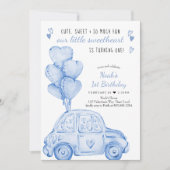 バレンタイン恋人ブルーバルーン1st誕生日 招待状 (正面)