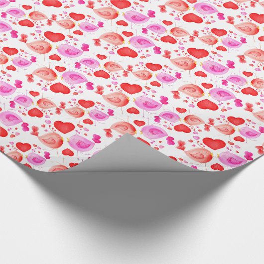 バレンタイン愛の鳥とハートピンク赤いギフトラップ ラッピングペーパー (角)