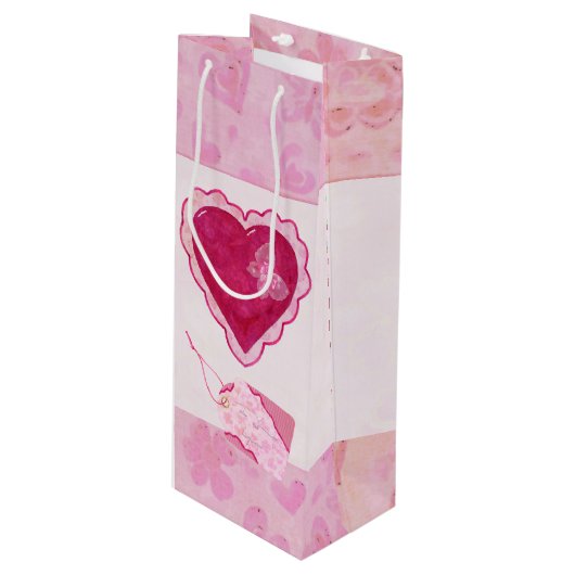 バレンタイン愛らしいミックスメディア ワインギフトバッグ (正面アングル)