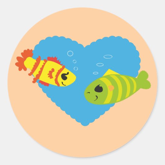 バレンタイン水族館の愛らしい魚のカップル ラウンドシール (正面)