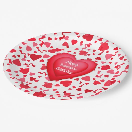 バレンタイン誕生日レッド紙吹雪ハート パーソナライズされた ペーパープレート (アングル)