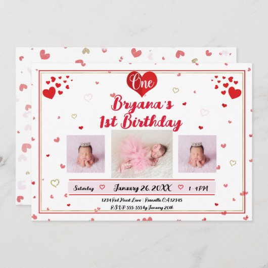 バレンタイン誕生日写真撮影誕生日 招待状 (正面/裏面)