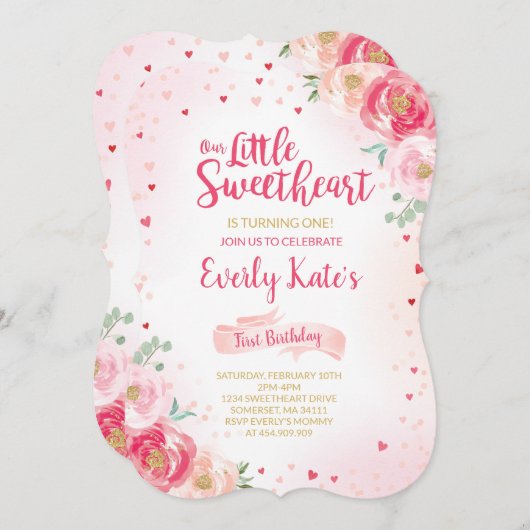 バレンタイン誕生日招待状スイートアートピンク金ゴールド 招待状 (正面/裏面)