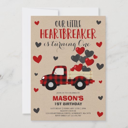 バレンタイン誕生日招待状ハートブレーカープレイドトラック 招待状 (正面)