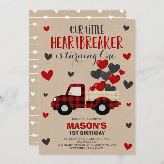 バレンタイン誕生日招待状ハートブレーカープレイドトラック 招待状 (正面/裏面)