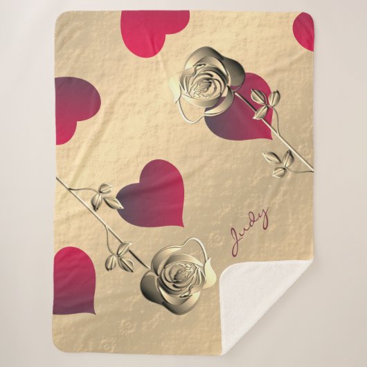 バレンタイン赤いハートバラ金ゴールドシェルパブランケット シェルパブランケット (正面)