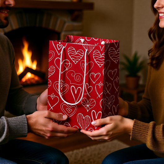 バレンタイン赤いハートパターン ミディアムペーパーバッグ