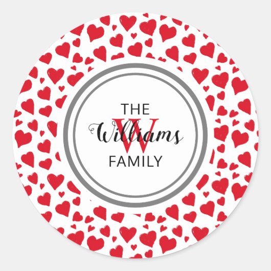 バレンタイン赤いハートモノグラムの名 ラウンドシール (正面)