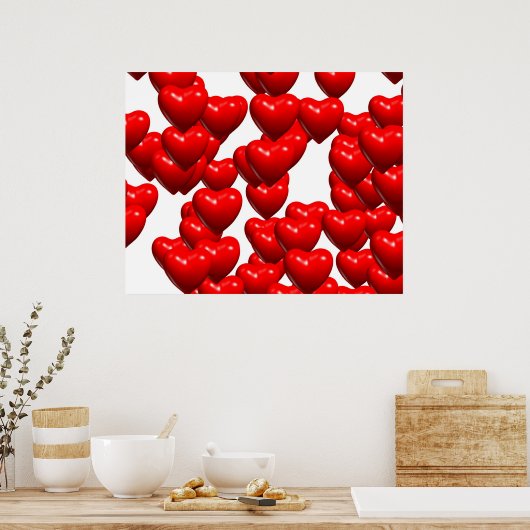 バレンタイン赤いハートランダムバンチ光沢 ポスター (キッチン)