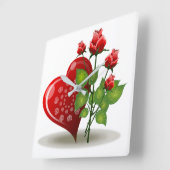 バレンタイン赤いハート及びレッドローズ スクエア壁時計 (傾斜)