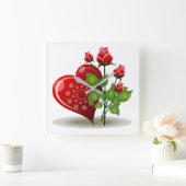 バレンタイン赤いハート及びレッドローズ スクエア壁時計 (ホーム)