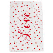 バレンタイン赤オンホワイトハートパターン ミディアムペーパーバッグ (正面)