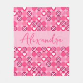 バレンタイン かわいい ピンクのハートと花柄 ネーム フリースブランケット (正面)