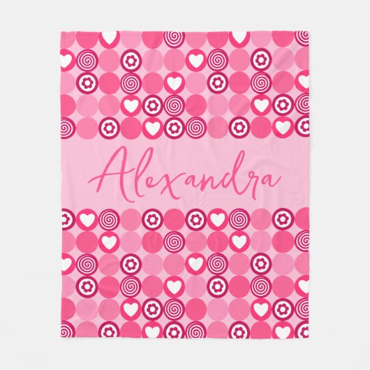 バレンタイン かわいい ピンク ハートと花柄 ネーム フリースブランケット (正面)