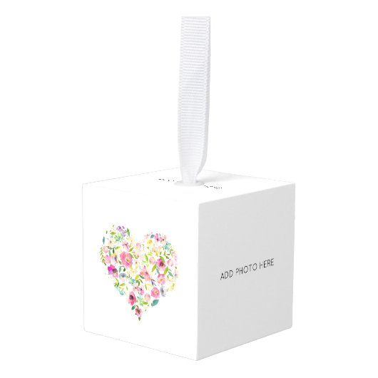 バレンタイン ウォーターカラー フラワーハート ピンク 3-5枚の写真 キューブオーナメント (正面アングル)