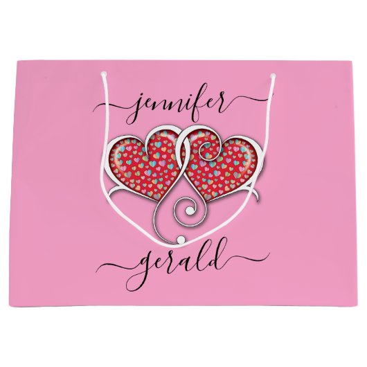 バレンタイン エレガント ハート インターロック デザイン ラージペーパーバッグ (正面)