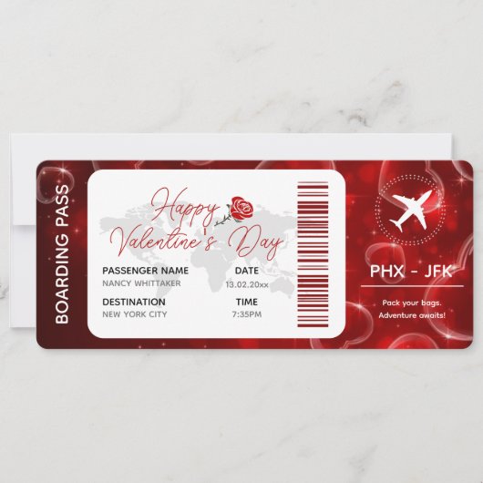 バレンタイン・サプライズ旅行の航空券テンプレート：驚きの旅 カード (正面)