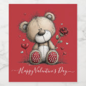 バレンタイン テディベア ローズとハート ワインラベル (シングルラベル)