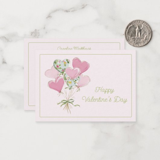 バレンタイン ハート ピンクとグリーンハート風船 ノートカード (正面/裏面インサイチュ)
