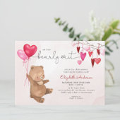 バレンタイン ハート ベア 風船 ピンク 女の子 ベイビー シャワー 招待状 (スタンド正面)