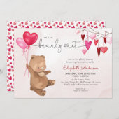 バレンタイン ハート ベア 風船 ピンク 女の子 ベイビー シャワー 招待状 (正面/裏面)