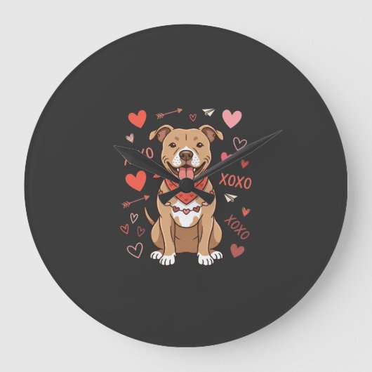バレンタイン ピットブル 愛犬 XOXO デザイン ラージ壁時計 (正面)