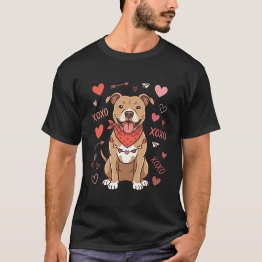 バレンタイン ピットブル 愛犬 XOXO デザイン Tシャツ (正面)