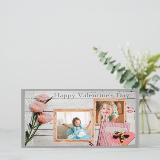 バレンタイン,ピンクのバラ,ハート2フレームのフォトカード シーズンカード (スタンド正面)