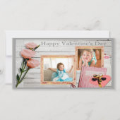 バレンタイン，ピンクのバラ，ハート2フレームのフォトカード シーズンカード (正面)