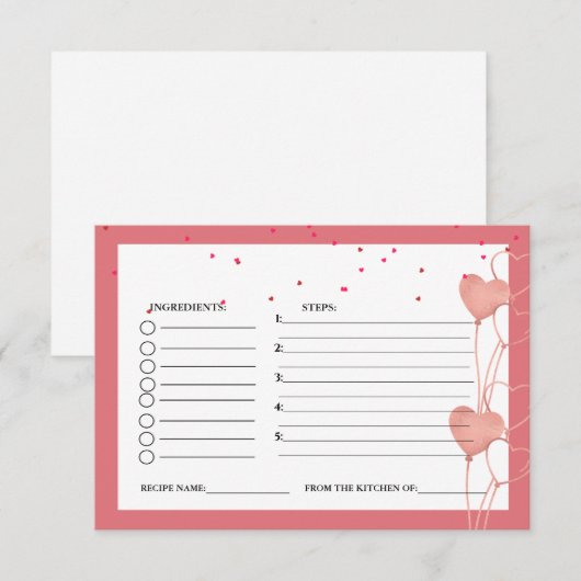 バレンタイン ピンク ハート ブライダルシャワーのレシピリクエスト エンクロージャーカード (正面/裏面)