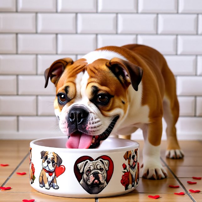 バレンタイン・ブルドッグ・ドッグボウル ボウル (Bulldog Valentine Heart Art Personalized Pet Bowl)
