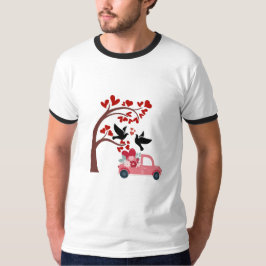バレンタイン ラブバードと花柄のピンクトラックTシャツ Tシャツ